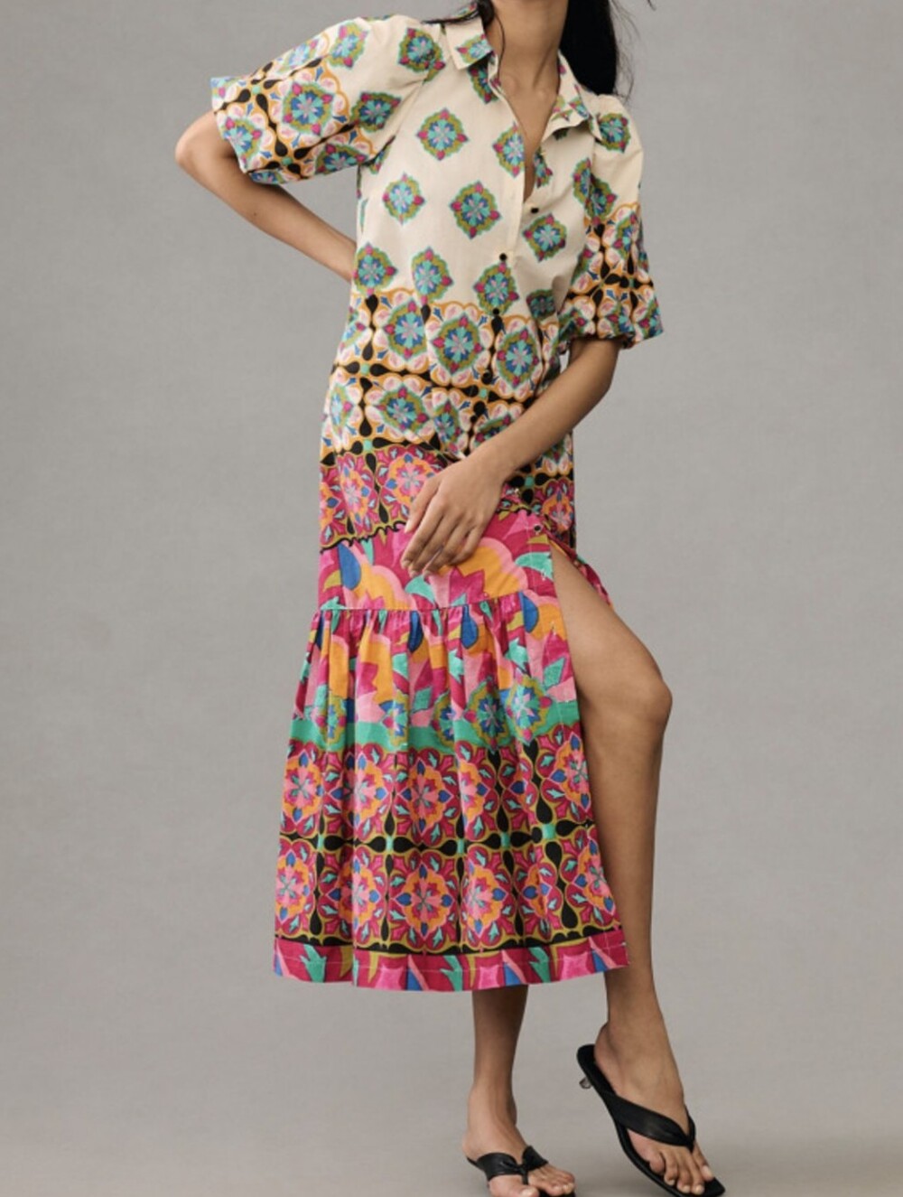Anthropologie Mixed Print Button Down Maxi Dress Cotton Size Large